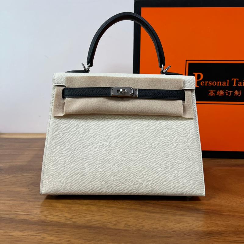 Hermes Kelly 25EP color matching white and black silver buckle